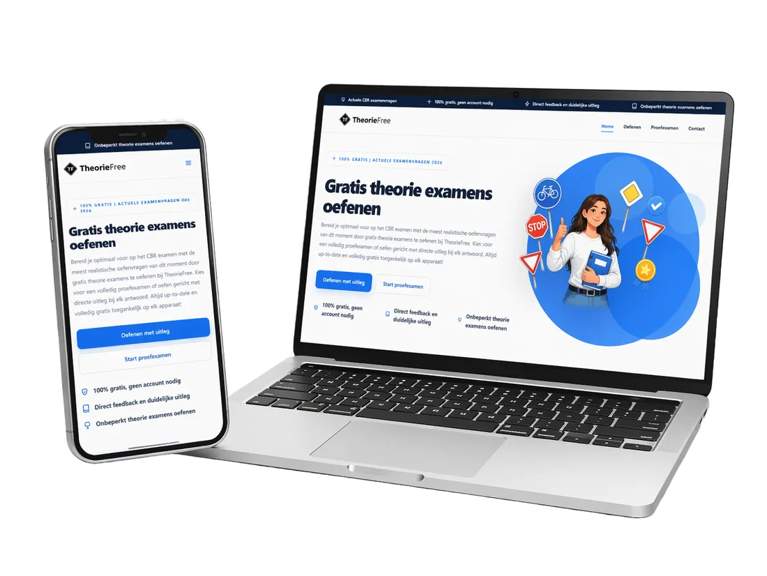 Overzicht van de gratis theorie oefenmodules op desktop en mobiel.