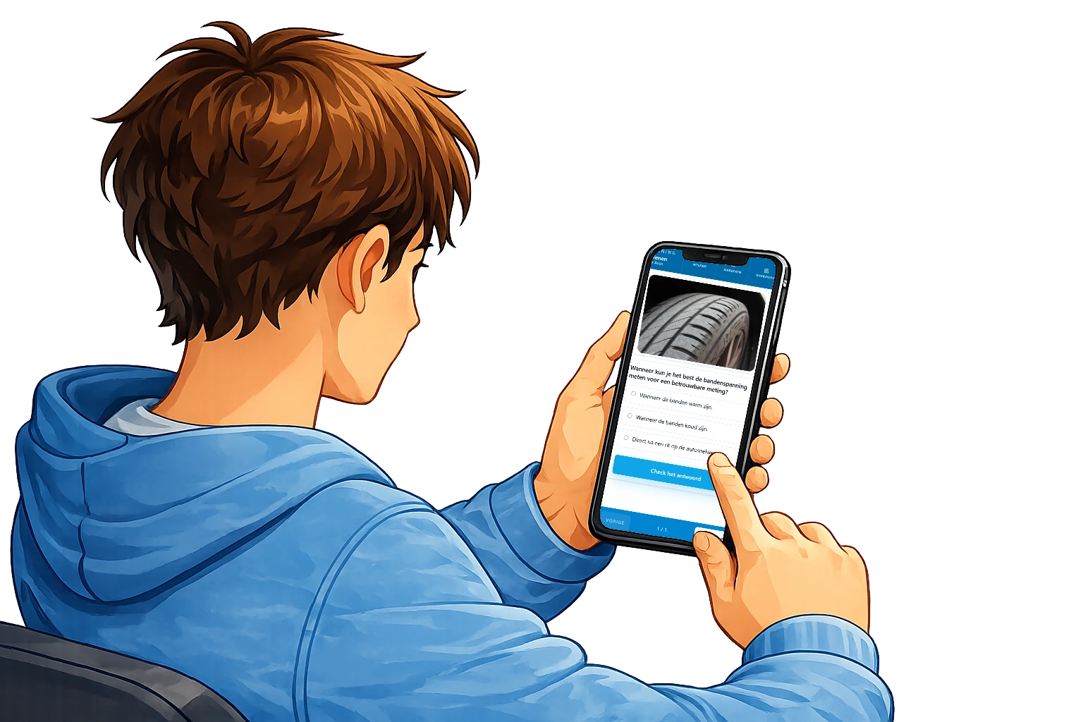 Leerling oefent gratis theorie examen op mobiel met TheorieFree