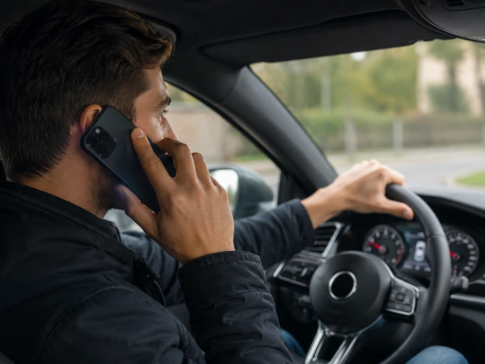 Bestuurder met telefoon in de hand tijdens het rijden als uitleg voor afleiding en telefoongebruik