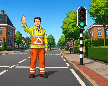 Verkeersregelaar die een algemeen stopteken geeft
