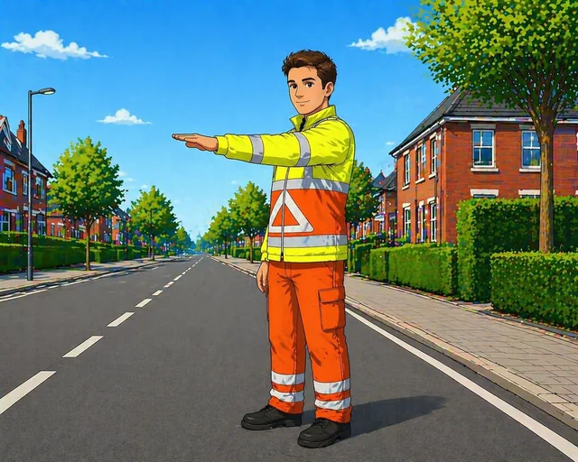 Verkeersregelaar die met een armgebaar verkeer instrueert